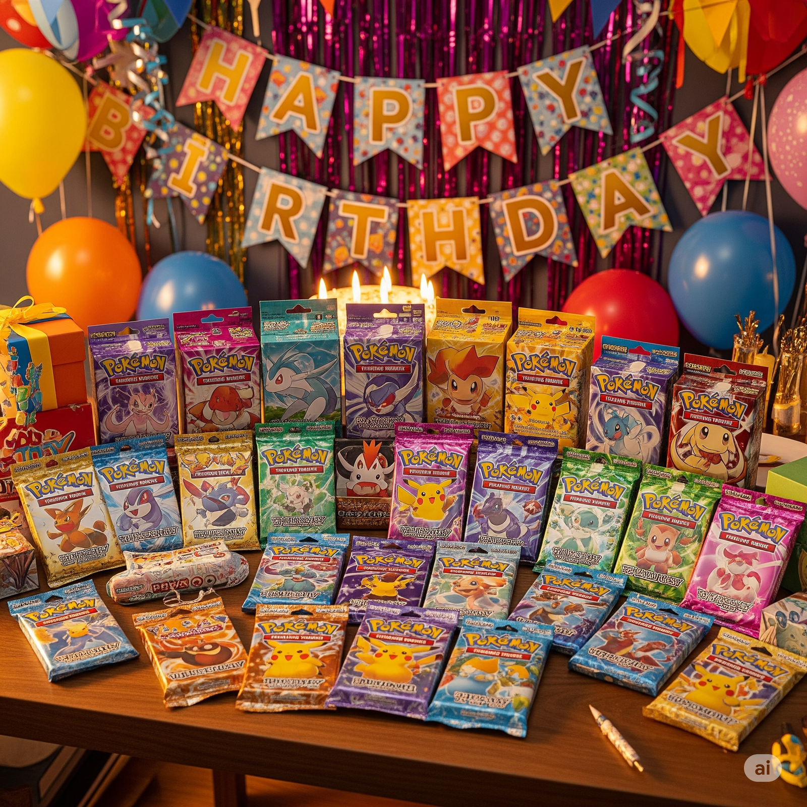 Colorful Pokémon trading cards at birthday party.